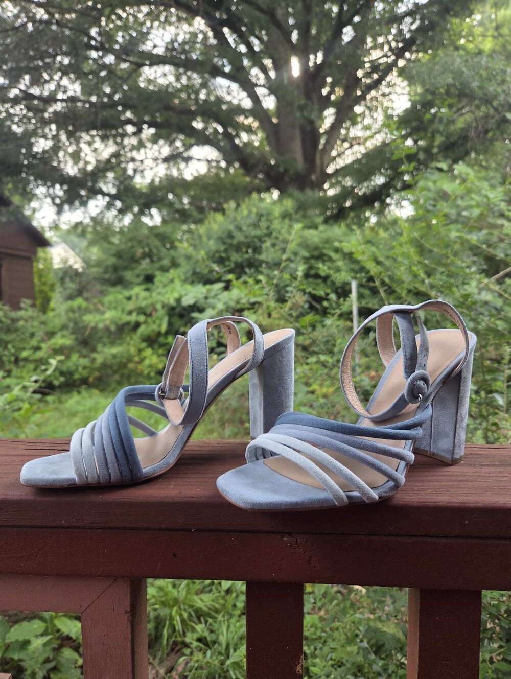 Chinese Laundry Women’s Light Blue Faux Suede Block Heel Sandals with AnkleStrap